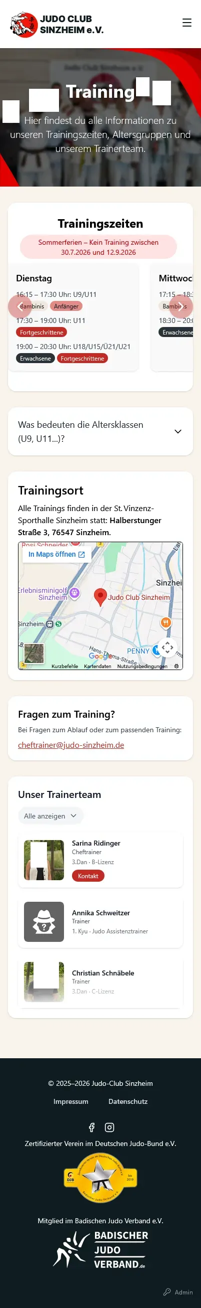 Übersicht der Trainingszeiten